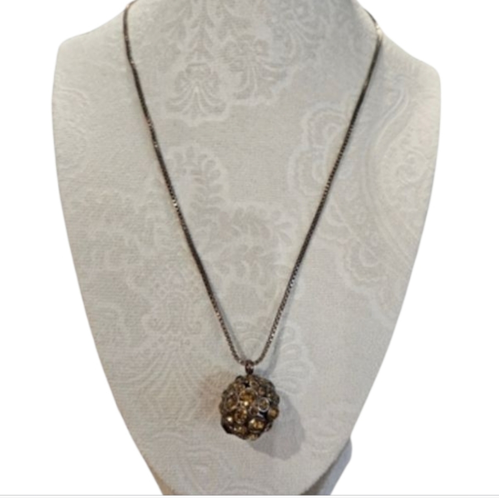 Fossil Round Ball Charm Crystal Encrusted Copper Gold Tone Box Chain Necklace